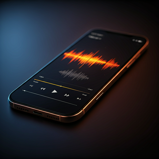 A hyper-realistic close-up of a premium futuristic smartphone screen displaying a sophisticated dark mode music interface. The screen shows vibrant orange sound waves and glassmorphic play controls. The lighting is moody and cinematic with deep obsidian blue and neon orange accents, reflecting off a polished metal frame. The background is a soft-focus modern living space.