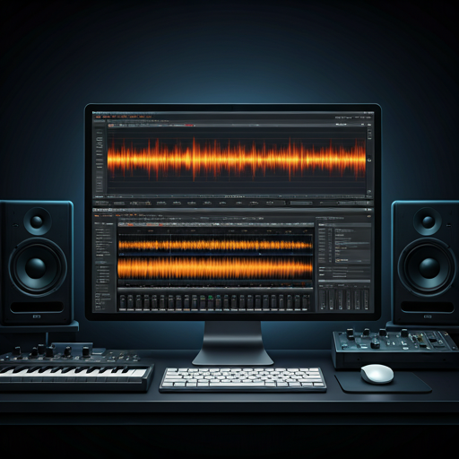 A professional music production workstation setup in a futuristic dark studio. A wide-screen monitor displays complex digital audio workstation software with glowing orange spectral waveforms and intricate neural network visualizations. Studio monitors and high-end hardware controllers sit on a sleek dark desk. The atmosphere is filled with subtle purple and blue ambient lighting, creating a professional and innovative mood.